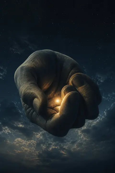 Enormous clasped hand floats against night sky holding pinpoint starlight, friend symbol intimate and cosmic