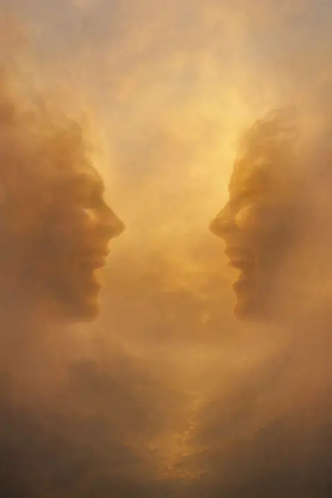 Two faces emerge from amber fog mirror-reversed, one laughing while mirroring expression, friend symbol