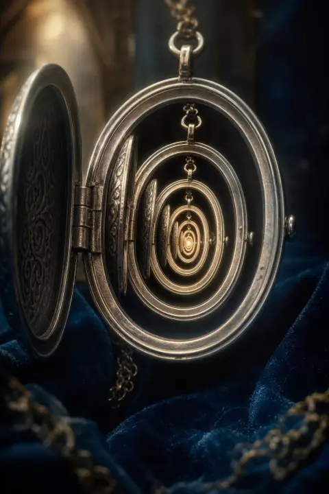 Silver locket opens revealing smaller locket inside, nested infinitely inward, friend symbol memory holding memory