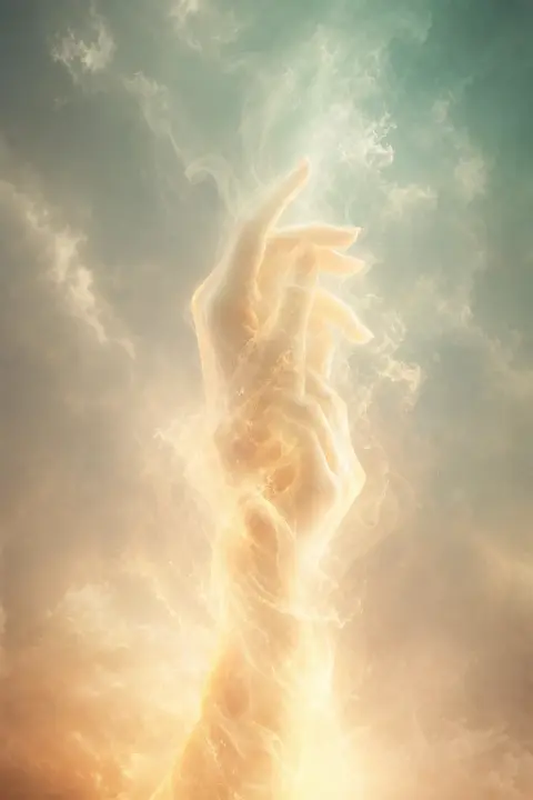 Two hands of light braiding into luminous form, peach mist dissolving upward into mint clouds, becoming one another eternally in marriage dream