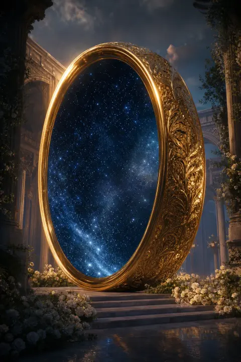 Wedding ring vast as cathedral doorway with infinite starlit abyss inside, intimate cosmic void in deep indigo, marriage symbol boundless