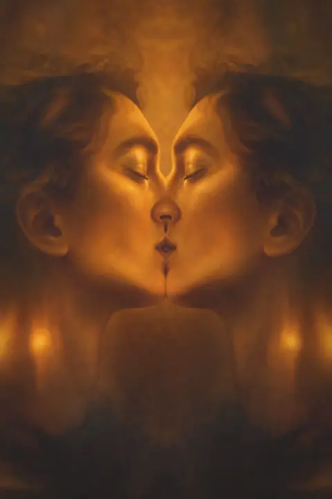 Two faces mirrored and merged in amber lamplight, profiles kissing at center, doubled features creating unsettling composite in warm dusk marriage dream