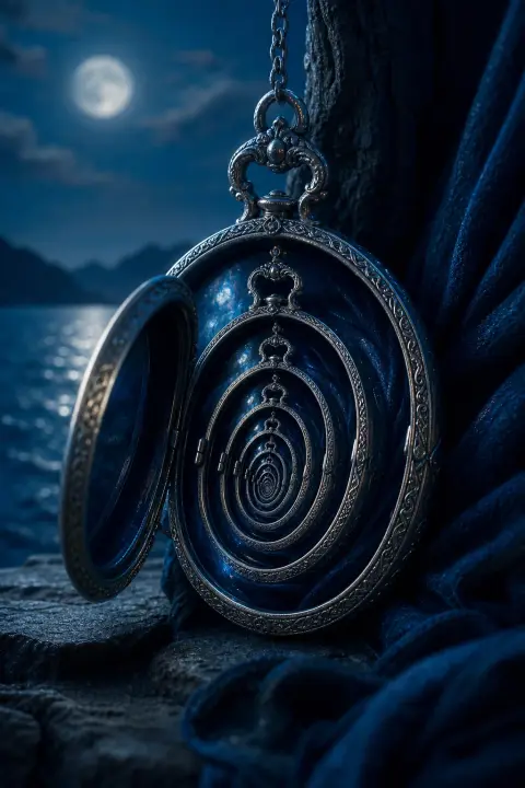 Silver-blue locket opening to reveal infinite nested lockets spiraling inward, each chamber holding reflection of same threshold moment, moonlit recursive marriage