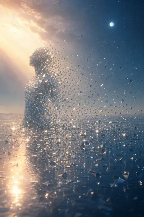 Figure dissolves into thousands of silver-blue geometric shards scattered across moonlit expanse, each fragment catching light like distant stars fading into cold night, girlfriend dream