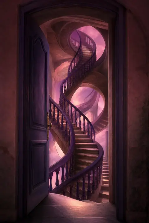Doorway opens onto spiral staircase curving impossibly inward and outward simultaneously, violet railings fold through rose-tinted space where each step leads both closer and further away, girlfriend vision