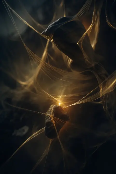 Strands of warm golden light woven between dark shadow-forms like silk threads, held taut and trembling in deep noir space, one thread glowing amber at core, girlfriend connection