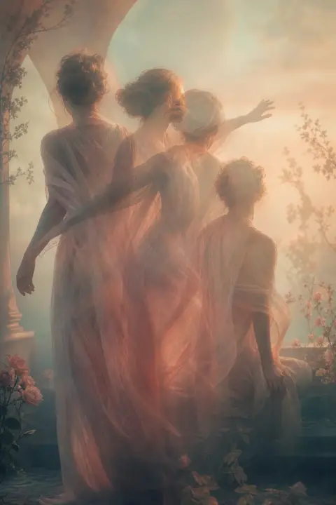 Figure in soft peach dawn light stands smiling, turning away, reaching forward, resting still simultaneously, all four moments layered translucent in pale mint-and-rose frame, girlfriend presence