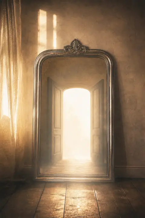 Miroir argenté reflète seulement contour de porte s'ouvrant vers l'intérieur, vide lumineux où figure devrait être