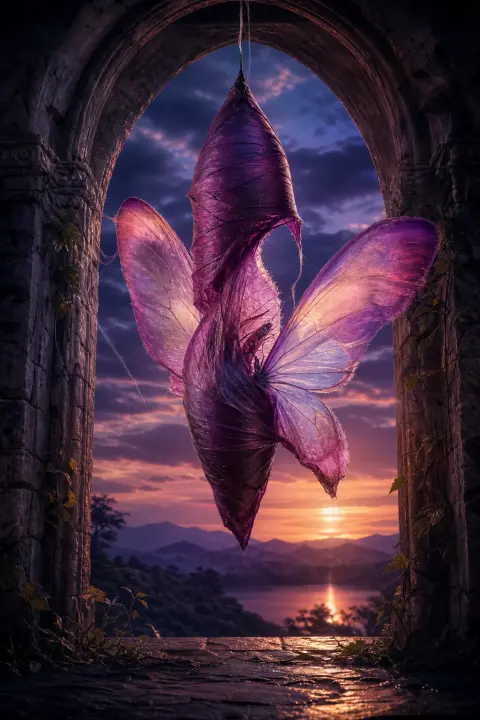 Cocon de soie rose-violet se déploie en ailes translucides en transformation, bords encore enrobés contre portail crépusculaire