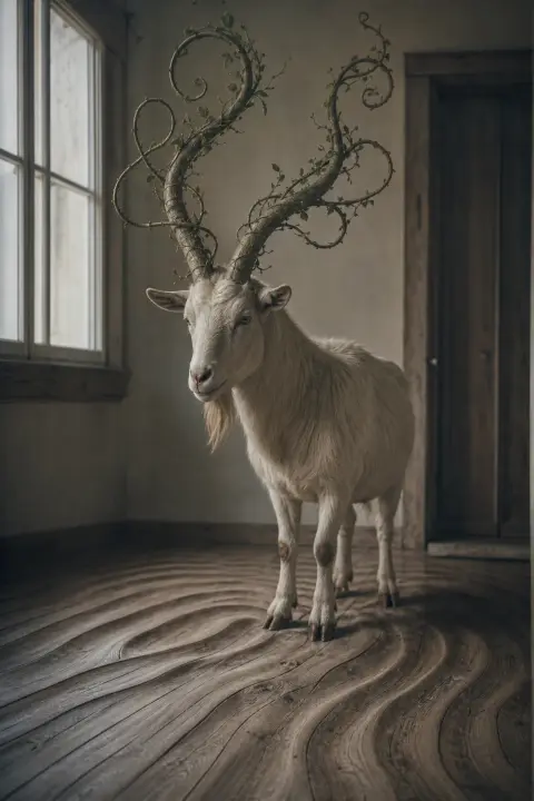 A goat on a wooden floor, its horns spiraling into curling vines as the boards ripple, a dream about goats