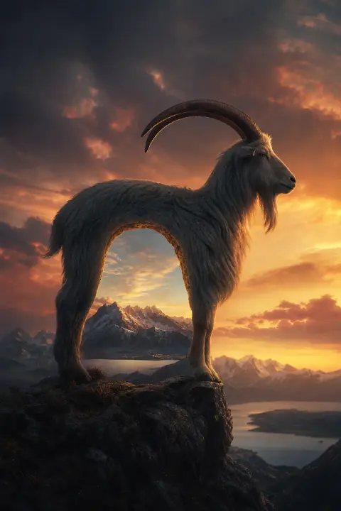 A single goat in profile becomes a living archway onto an alpine landscape at dusk, a dream about goats