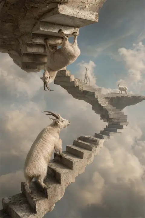 Goats climb inverted staircases and floating stone ledges among slow clouds, a dream about goats