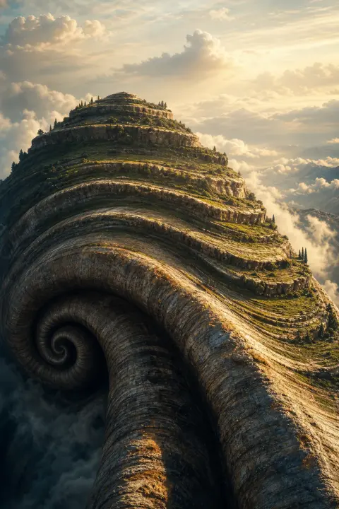 Close view of a spiraled horn whose ridges become terraced mountain slopes, a dream about goats