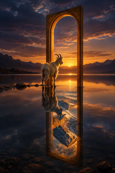 Solitary goat at amber doorframe over desert lake at dusk its water reflection reveals a miniature mountain range