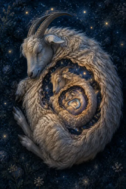 Overhead view of sleeping goat on indigo ground wool parting to reveal nested smaller goats each glowing with their own starfield