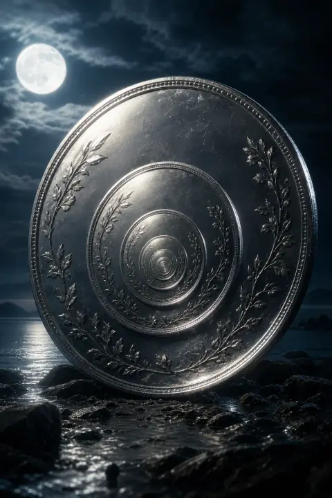 Verschachtelte Silbermuenzen spiral unendlich nach innen unter Mondlicht, jede Spiegelung kaelter und kleiner