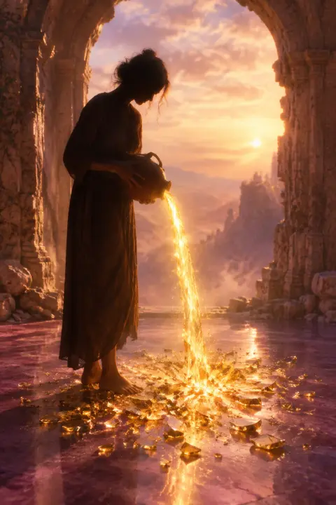 Eine Silhouette gießt goldenes Licht aus einem Tonkrug, das auf dem Violettboden in glitzernde Scherben zerspringt