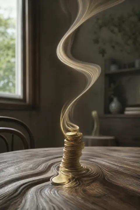 Ein Stapel Goldmünzen auf dem Tisch schmilzt und fließt nach oben zu einem Band aus Licht