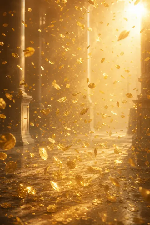 Ein Regen aus Goldmünzen schwebt durch eine sonnige Halle und verwandelt sich in goldene Blütenblätter