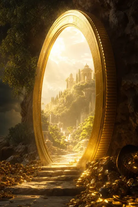 Eine riesige Goldmünze steht aufrecht wie eine Tür und öffnet sich auf eine sonnige Schatzlandschaft