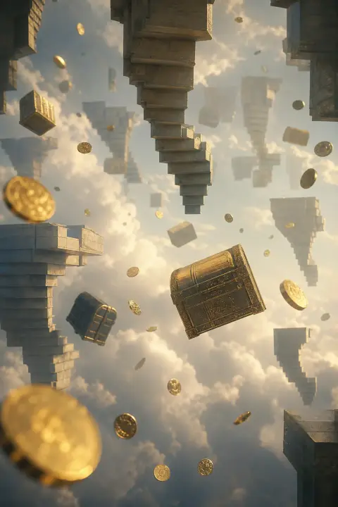 Goldmünzen treiben zwischen umgedrehten Treppen und schwebenden Truhen inmitten langsamer Wolken