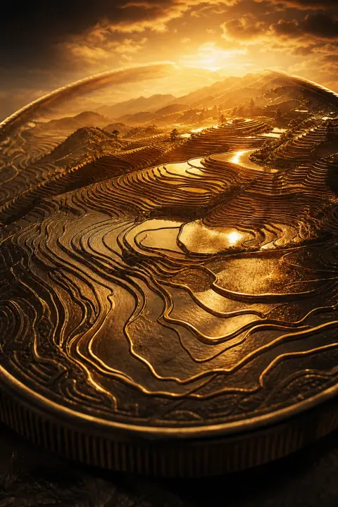 Nahaufnahme einer Goldmünze, deren geprägte Oberfläche zu goldenen Terrassenfeldern unter warmem Himmel wird