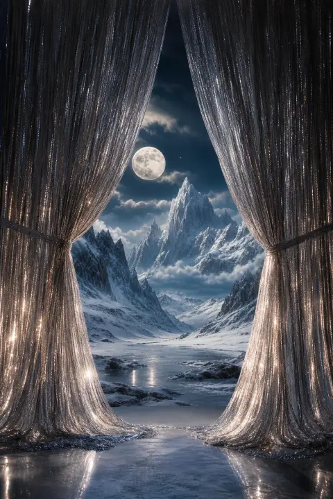 Un rideau de mèches argentées s'écarte comme une porte sur un paysage d'hiver au clair de lune, songe de cheveux gris