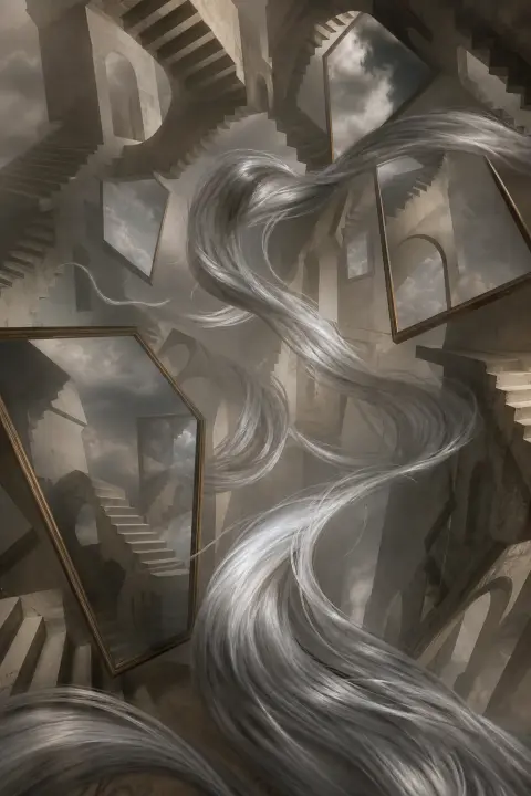 Des mèches argentées ondoyantes dérivent parmi des escaliers inversés et des miroirs flottants, gravité étrange, cheveux gris