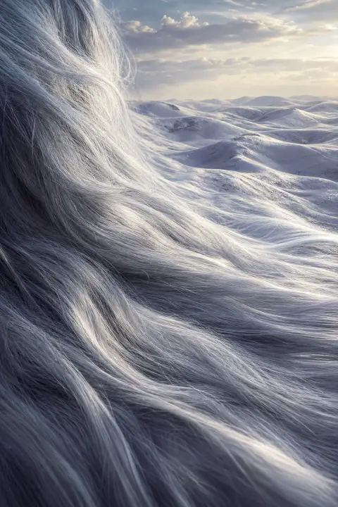 Gros plan de mèches argentées dont le flot devient des collines enneigées sous un ciel pâle, songe de cheveux gris