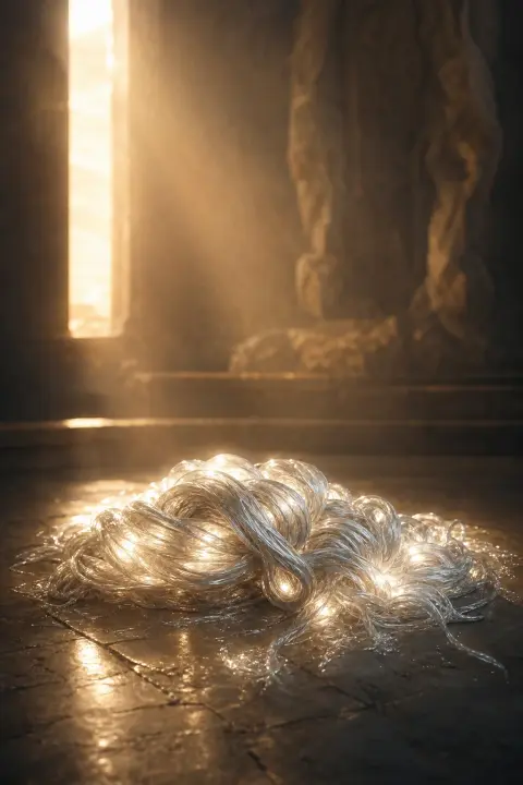Silver moonlight threads woven into knotted rope on dark floor, dream symbol of restraint