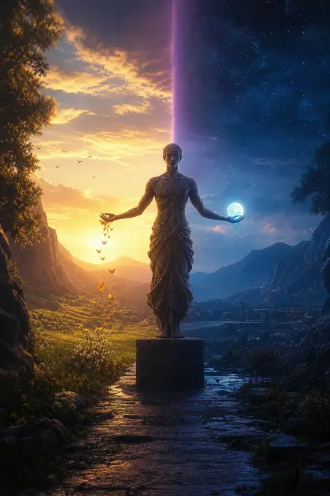 Figure split by violet twilight, simultaneously grasping and releasing, mirror-symmetry dream symbol gun