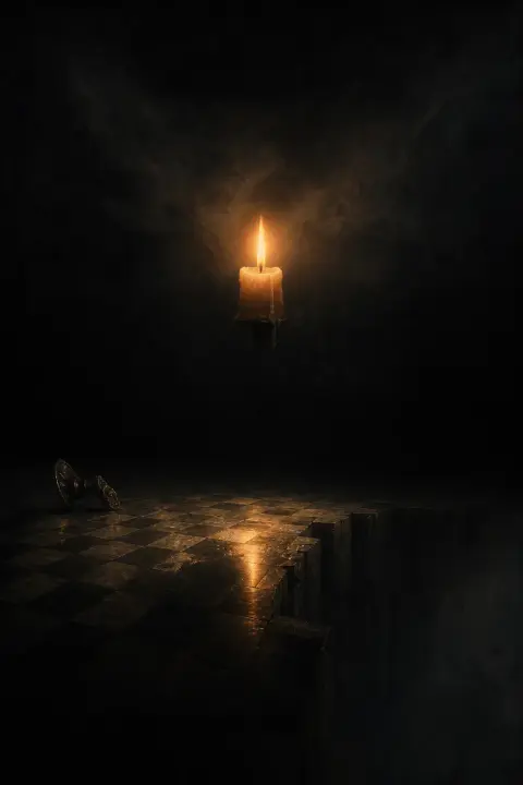 Single candle ember glowing in absolute black void, gun dream symbol of lost power