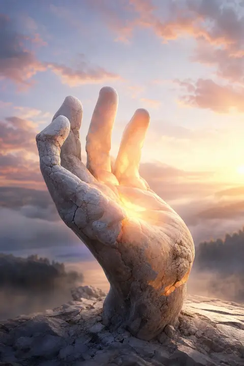 Stone fist unfurling into peach light palm, hardness transforming to vulnerability, dawn pastels