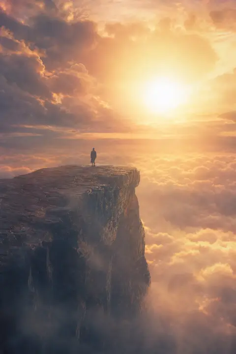 Eine einzelne Gestalt steht auf einer schwebenden Klippe hoch über einem sonnigen Wolkenmeer in pfirsichgoldenem Licht