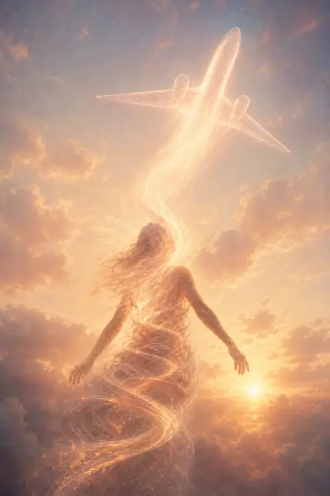 Figure dissolves into peach light spirals, transforming into helicopter ascending across dawn sky