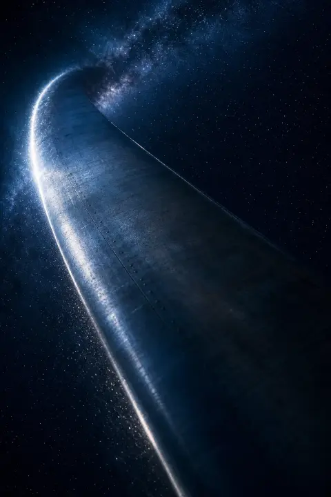 Helicopter rotor blade magnified, spinning edge traced in starlight against indigo void, galaxy-like
