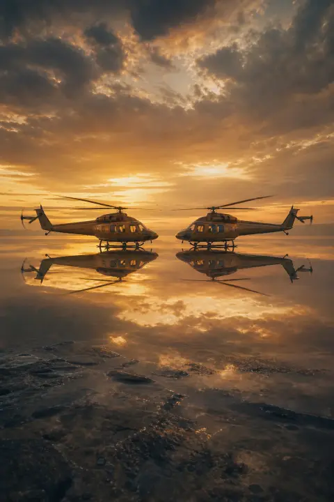 Two identical helicopters face each other in golden dusk, mirrored rotors create unsettling symmetry
