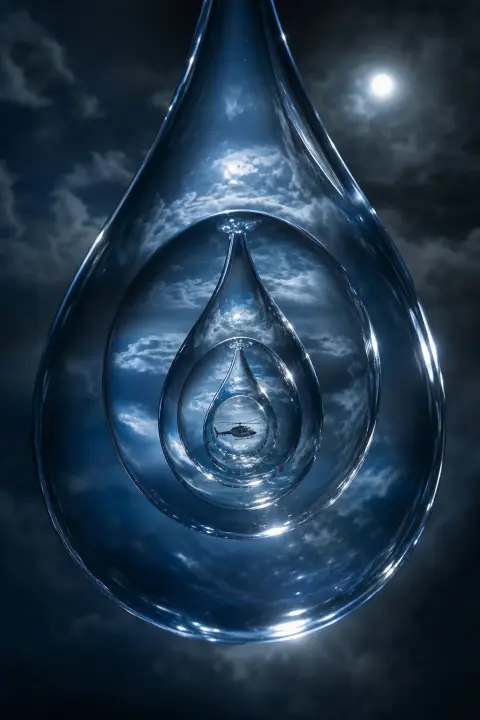 Helicopter contained in moonlit water droplet, nested within droplets spiraling inward infinitely