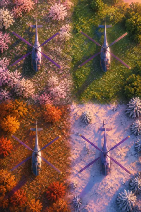 Aerial view of four seasonal quadrants each holding an identical helicopter simultaneously its rotors casting violet shadows across spring summer autumn and winter