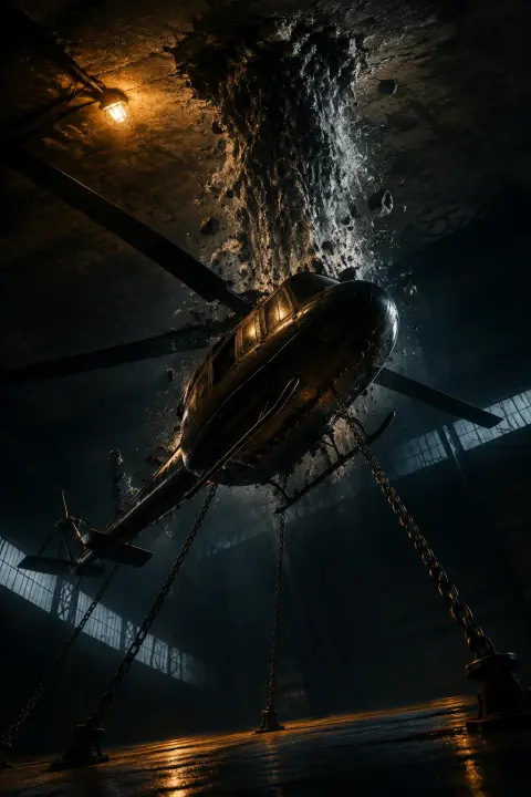 Inside an inverted hangar a helicopter chained to the ceiling floor falls upward toward concrete pouring down like a dark waterfall in amber lamplight