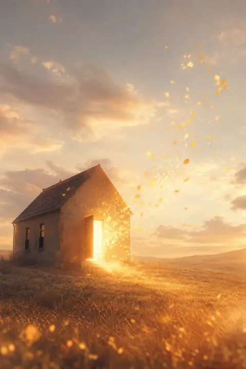 A lone house on a sunlit plain, its open door casting light that dissolves into petals, a dream of a home invasion