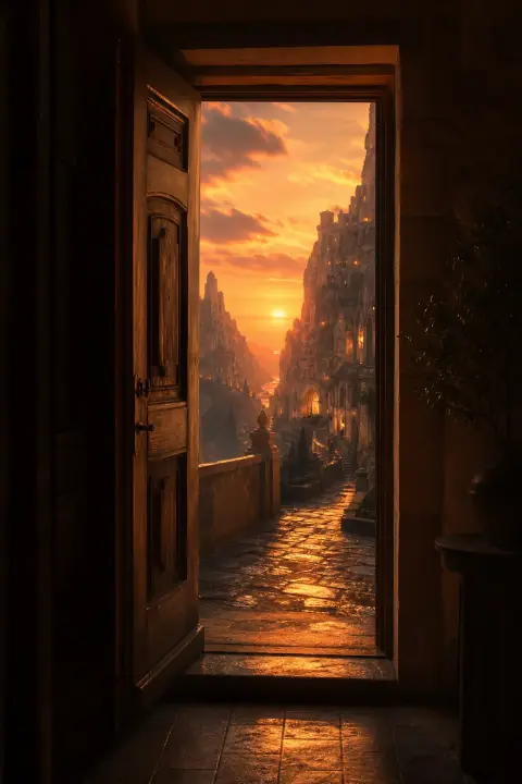 An open doorway silhouetted against harsh light opens onto an unfamiliar street at dusk, a dream of a home invasion