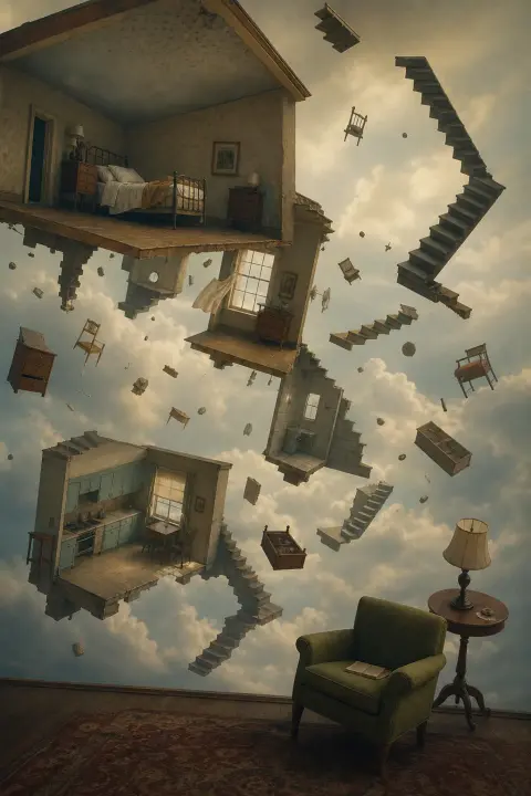 A house's rooms drift apart among inverted staircases and floating furniture, a dream of a home invasion