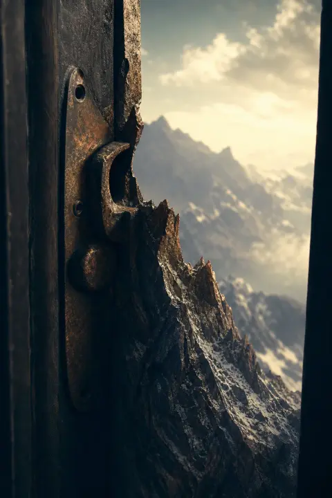Close view of a broken door-latch whose metal becomes a jagged mountain ridge, a dream of a home invasion
