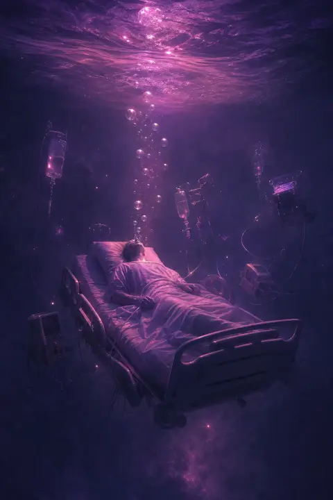 Las lágrimas del paciente suben como burbujas luminosas hacia techo violeta líquido, cama de hospital flota sin peso entre máquinas flotantes como medusas