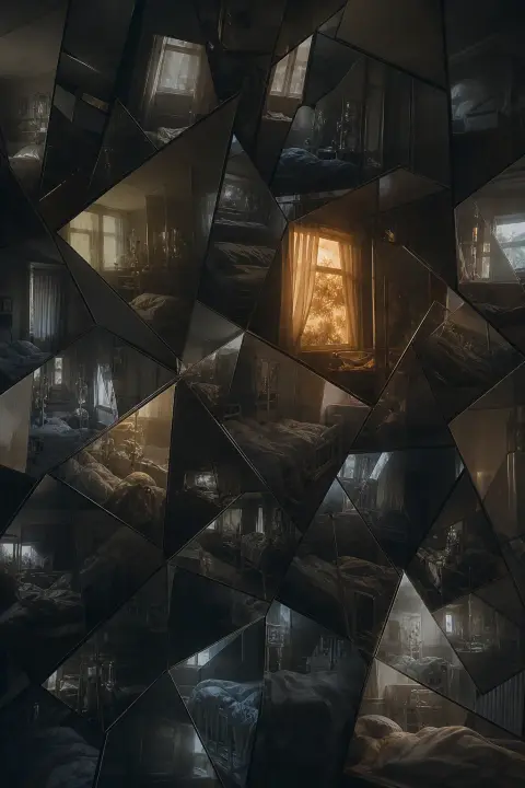 Sala de hospital fracturada en fragmentos geométricos de sombra, cada pieza contiene diferente momento de cuidado, una ventana ámbar cálida brilla entre oscuridad