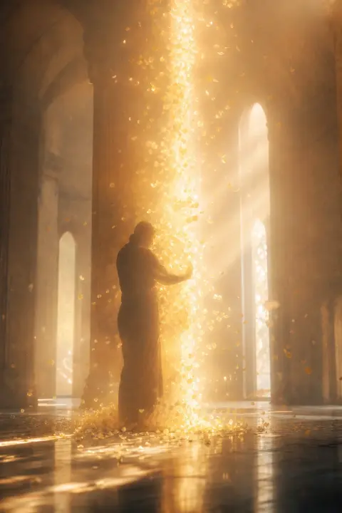 Une silhouette enlace une colonne de lumière chaude dans une vaste salle ensoleillée, se dissolvant en pétales, un défunt