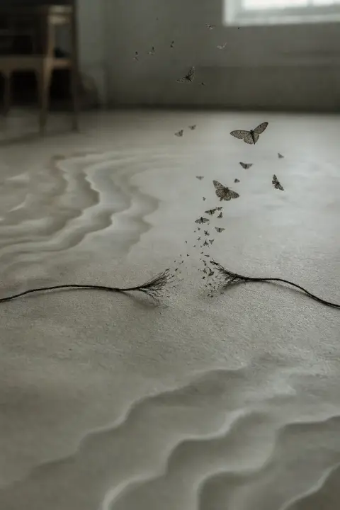 Un fil sombre net tranché se défait en cendres et en papillons de nuit sur une table, le sol ondule, rêve de meurtre