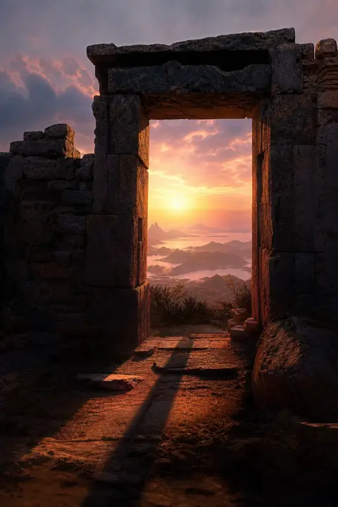Une porte de pierre écroulée ouvre sur un paysage crépusculaire, une longue ombre s'y étire, rêve de meurtre