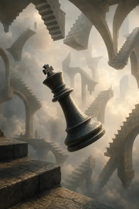 Un roi d'échecs renversé dérive parmi des escaliers inversés et des arches de pierre, gravité étrange, meurtre